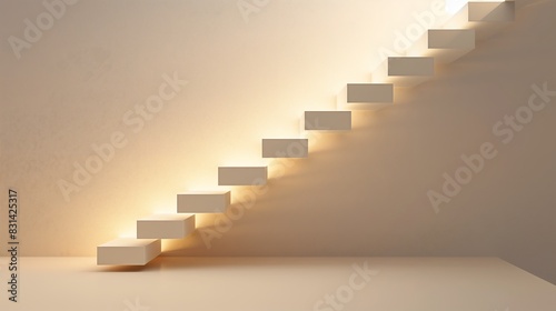 A minimalist staircase with steps that seem to hover in the air  each one lit from below for a floating effect