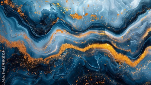 Marble abstract blue and gold texture, gold powder, blue and gold colors, abstract illustration.