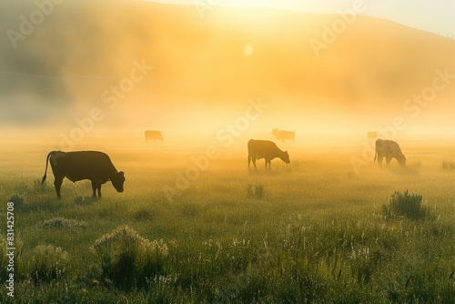 Sunrise Symphony: Cattle in the Misty Meadow