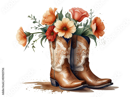Cowboy boots and cacti and flowers  Watercolor illustration