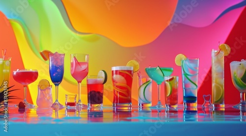 Assortment of colorful exotic alcoholic cocktails served in glasses with garnishes