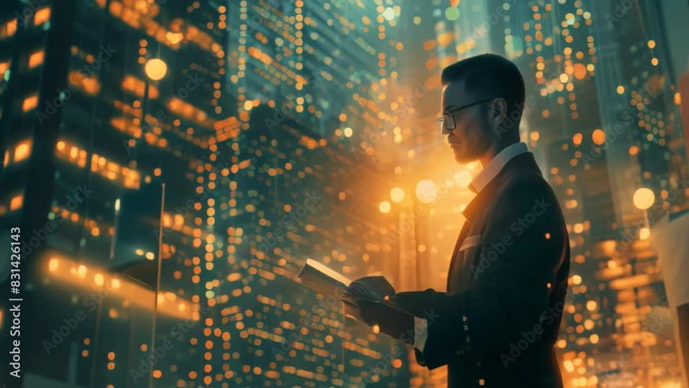 A man holding a digital tablet stands in front of a cityscape illuminated at night, A modern entrepreneur with a digital tablet in hand, surrounded by a bustling cityscape