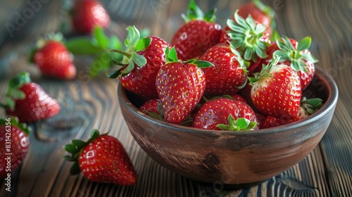 Fresh ripe strawberries in a bowl on a wooden table