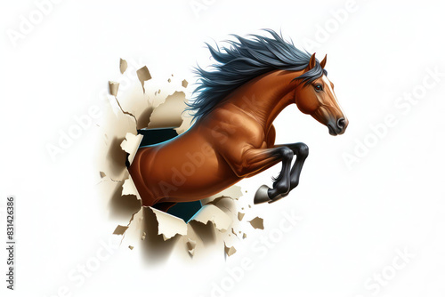 Fototapeta Naklejka Na Ścianę i Meble -  Horse Jumps Out of Paper Wall torn hole Isolated on white background