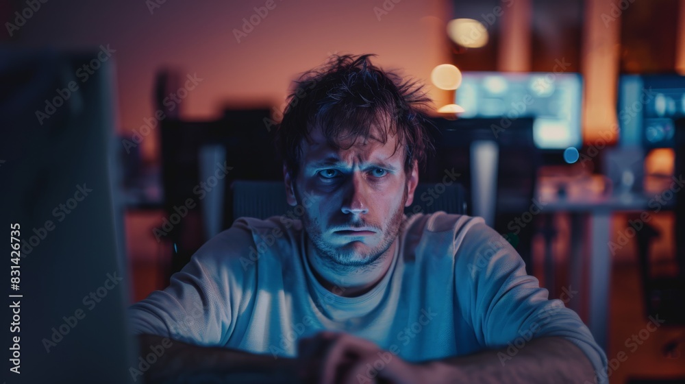 Tired man staring at computer screen late at night in a dimly lit office. Overworking and stress. Tired man staring at computer screen late at night in a dimly lit office. Overworking and stress.