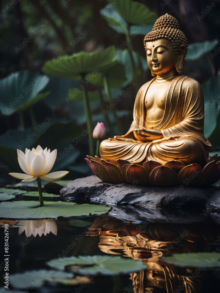 Harmonious composition of a Buddha statue resting beside a delicate lotus flower, representing serenity and inner peace.