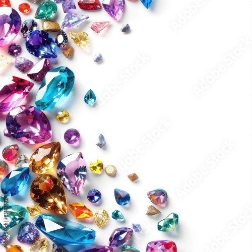 Colorful gemstone collection on white background with copy space.