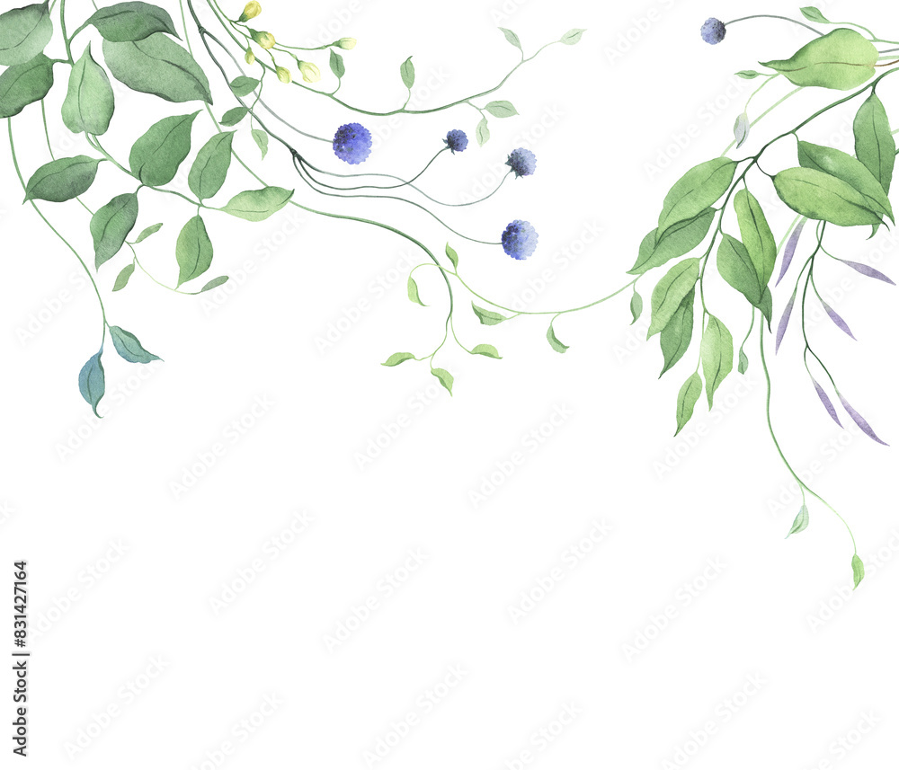 Fototapeta premium Green border with abstract plants and leaves. Watercolor isolated floral illustration for invitation or greeting cards, colorful background for your text, ecology frame.