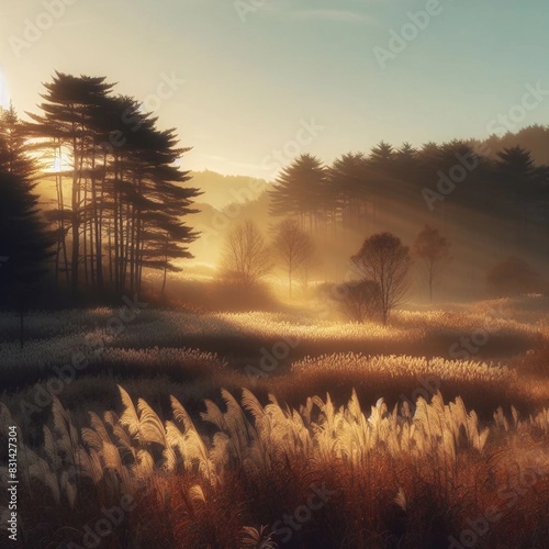 Golden Hour Tranquility: Sunlight Filtering Through Trees onto a Field of Tall Grasses photo