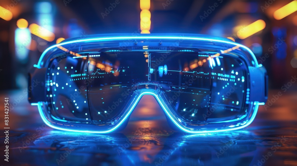 Futuristic VR goggles with glowing blue neon lights in a dark, vibrant, and technological environment, reflecting a cyberpunk aesthetic. Futuristic VR goggles with glowing blue neon lights in a dark, vibrant, and technological environment, reflecting a cyberpunk aesthetic.