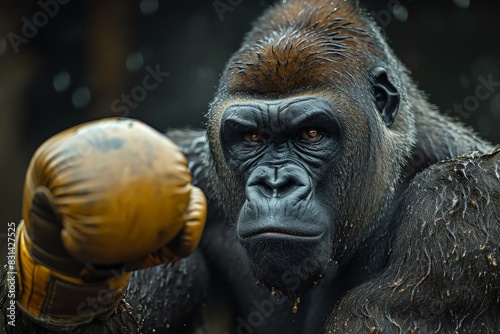 Close-up of a muscular gorilla wearing boxing gloves