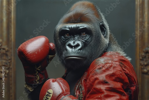 A powerful gorilla wearing boxing gloves stands in front of a mirror  preparing for a match