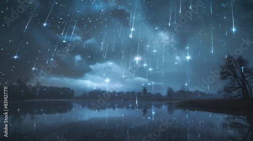 Long exposure photograph capturing multiple shooting stars raining down over a serene landscape, creating a mesmerizing celestial scene photo