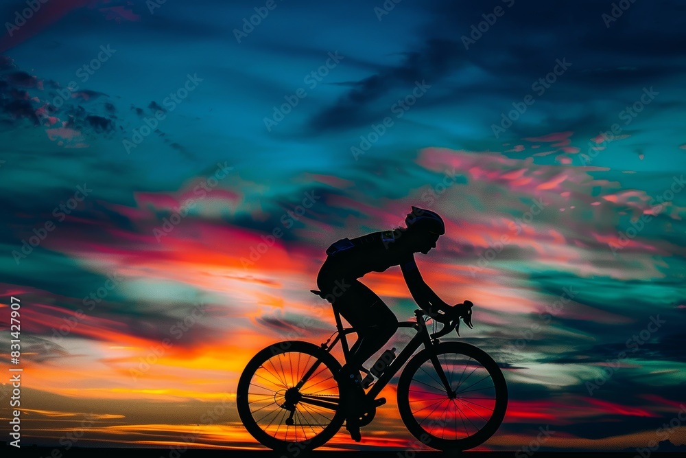 Obraz premium Silhouette of Cyclist at Sunset - Vibrant Olympic Road Race Scene for Posters and Print Design
