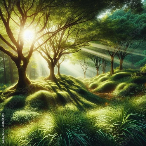 Enchanting Forest Sunrise with Sunbeams Illuminating Lush Greenery and Mystical Rolling Hills - A Tranquil Nature Landscape for Peaceful Meditation and Rejuvenation