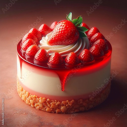 Indulgent Strawberry Cheesecake, Glossy Red Glaze, Fresh Berries, Cream Swirls, Golden Crumbly Base, Appetizing Dessert, Sweet Treat, Dripping Topping