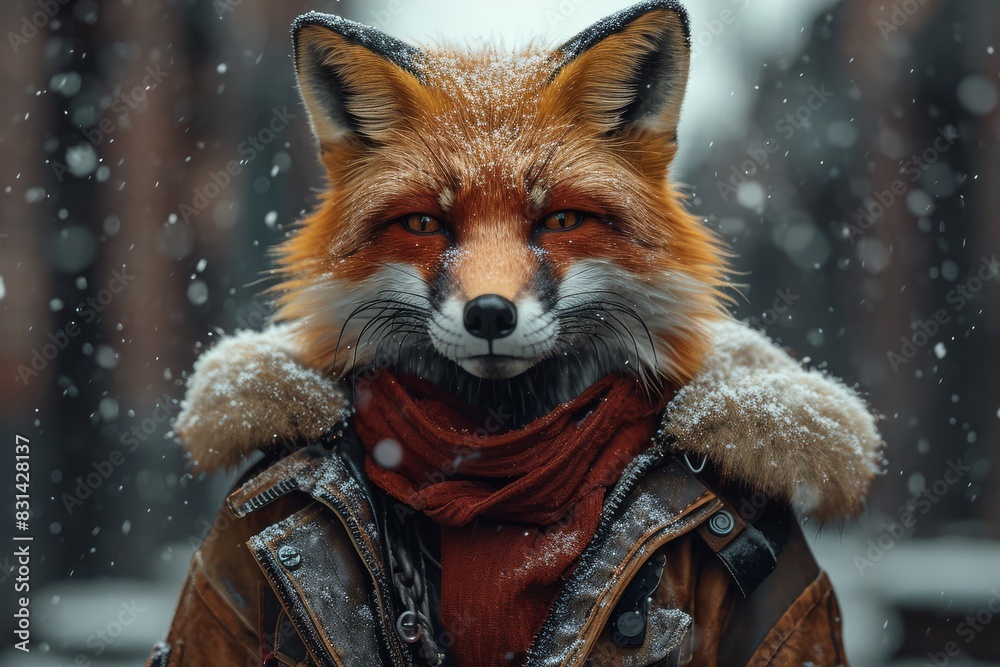 A red fox stands in the snow wearing a leather jacket, blending into the wintry landscape