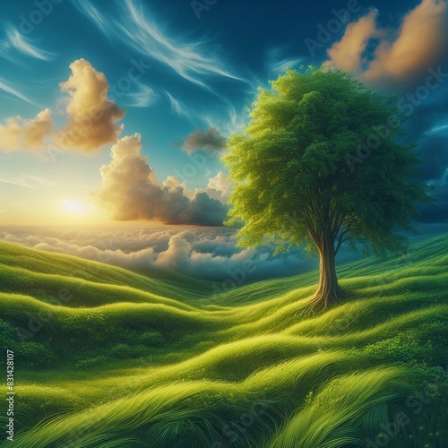 Sunset Serenity: A Single Tree on a Vibrant Green Hill with Golden Hour Light Piercing Through Cloudscape