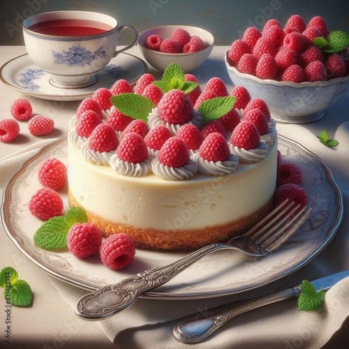 Elegant Raspberry Cheesecake Served with Fresh Mint Leaves and Warm Tea on a Beautifully Set Table