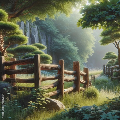 Enchanting Sunlit Forest Glade with Ancient Wooden Fence, Lush Greenery, and Mystical Cliff - A Perfect Harmony of Light and Nature