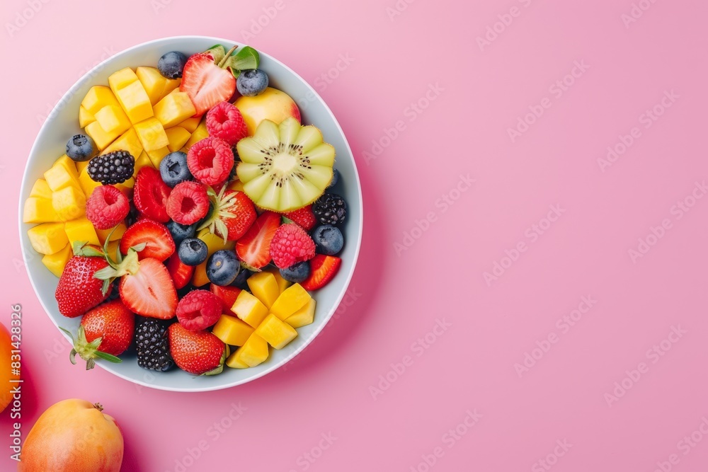 Fruit salad in a bowl on a pink background with copy space, in a top view. A fresh healthy food concept. colorful fruit bowl filled with tropical fruits in a white plate. fresh summer dish Fruit salad in a bowl on a pink background with copy space, in a top view. A fresh healthy food concept. colorful fruit bowl filled with tropical fruits in a white plate. fresh summer dish