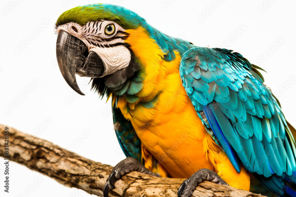 Colorful macaw parrot perched on a branch, displaying its vibrant blue, yellow, and green feathers in a close-up shot.