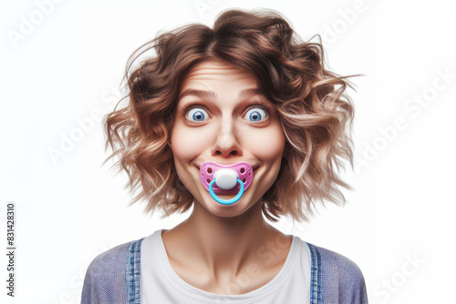 funny woman with a pacifier in his mouth Isolated on white background