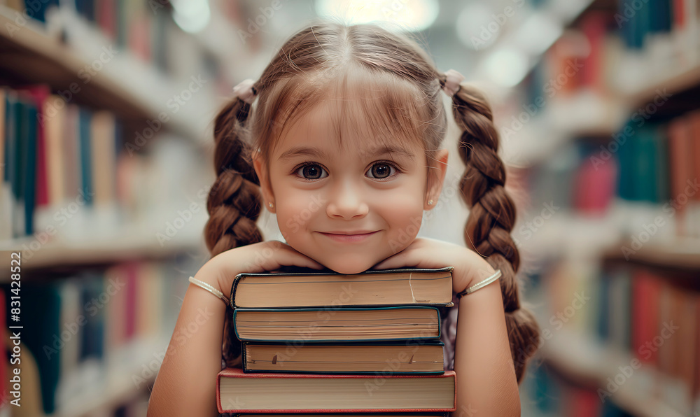 Smiling girl with pigtails sitting at a table with books, library in the background. Great for International Literacy Day, highlighting community reading initiatives and educational activities. Smiling girl with pigtails sitting at a table with books, library in the background. Great for International Literacy Day, highlighting community reading initiatives and educational activities.
