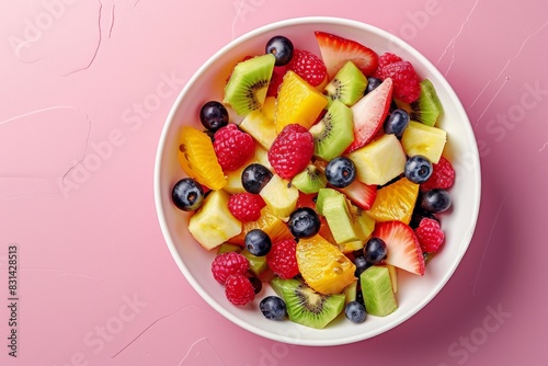 Fruit salad in a bowl on a pink background with copy space  in a top view. A fresh healthy food concept. colorful fruit bowl filled with tropical fruits in a white plate. fresh summer dish