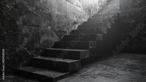 A staircase made of stone is shown in a dark room photo