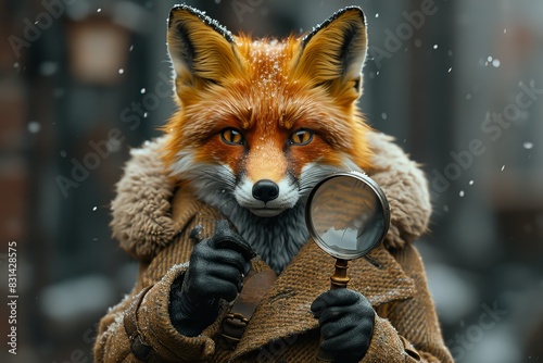 A realistic fox wearing a trench coat, holding a magnifying glass, investigating a scene