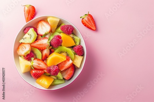 Fruit salad in a bowl on a pink background with copy space, in a top view. A fresh healthy food concept. colorful fruit bowl filled with tropical fruits in a white plate. fresh summer dish