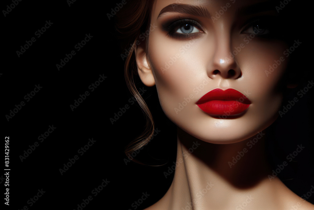 Woman Face with Red Lips Spotlight and Shadows Isolated on black background Woman Face with Red Lips Spotlight and Shadows Isolated on black background