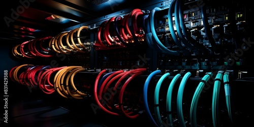 Close-up view of network cables in a server room. Concept Server Room, Networking Equipment, IT Infrastructure, Data Center, Cable Management