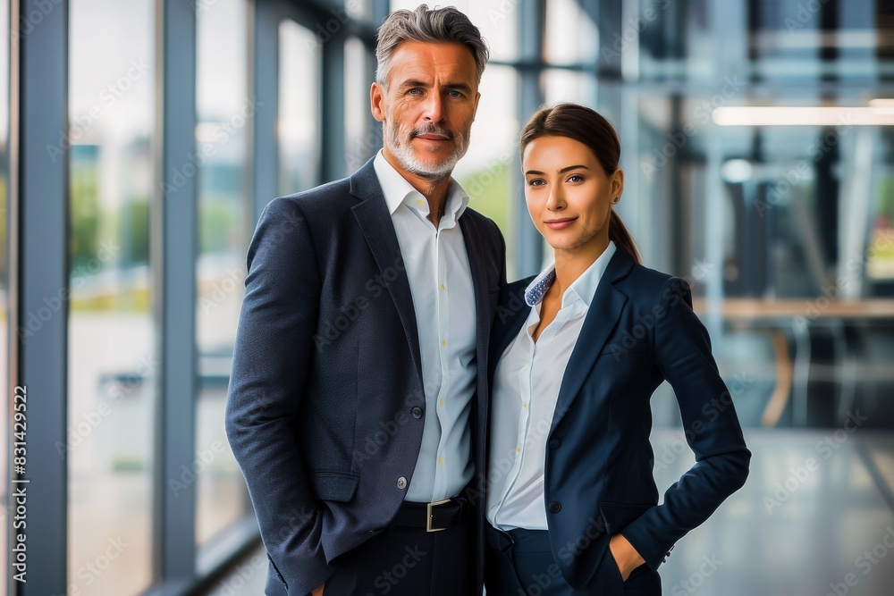 Professional businesspeople standing confidently in a modern office environment, wearing formal suits, representing teamwork and success. Professional businesspeople standing confidently in a modern office environment, wearing formal suits, representing teamwork and success.
