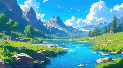 A picturesque mountain river flows in isolation its crystal clear waters coursing swiftly through a stunning mountain backdrop in this vibrant 2d illustration