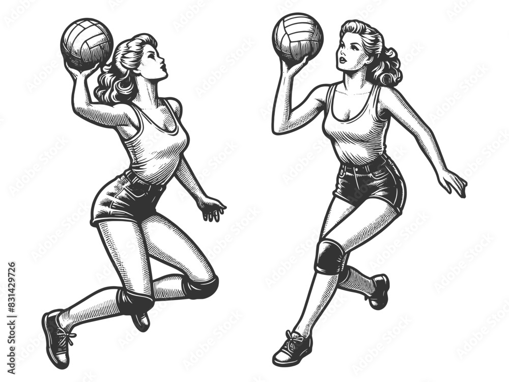 two women playing volleyball, dynamic action poses and classic artistic style sketch engraving generative ai fictional character vector illustration. Scratch board imitation. Black and white image. two women playing volleyball, dynamic action poses and classic artistic style sketch engraving generative ai fictional character vector illustration. Scratch board imitation. Black and white image.