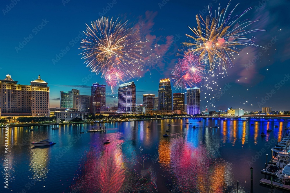 Fototapeta premium Fireworks over downtown Tampa skyline at night during celebration event with reflection on water.