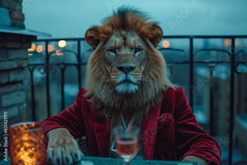 A lion wearing a velvet blazer sitting at a table with a glass of beer photo