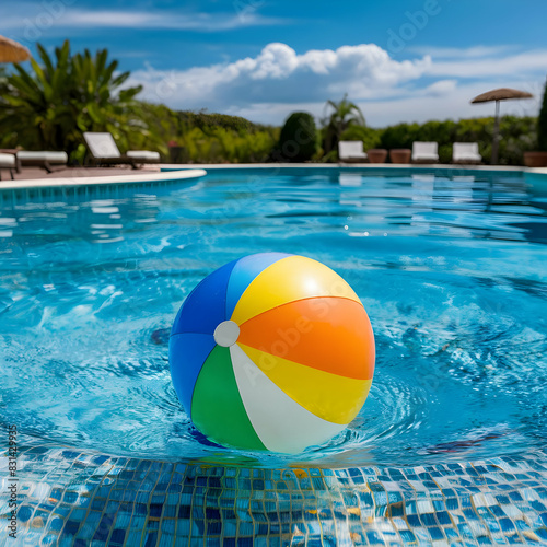 Summer holidays background with colourful beach ball floating on luxury swimming pool and copy space