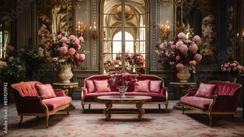 A pink living room with a pink couch  two pink chairs  and a coffee table with pink flowers on it.