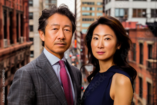 Two business professionals standing in an urban setting wearing formal business attire. They appear confident and reflective, symbolizing leadership and teamwork.