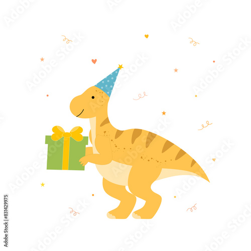 Funny dinosaur with gift box. Birthday card. Cute dino. Hand drawn tyrannosaurus. Vector illustration.