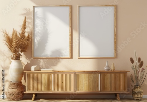 2 pieces mockup of two blank wooden frames hanging on the wall, sideboard with vase and basket in a light beige colored background with natural lighting. Scandinavian interior with a minimalistic