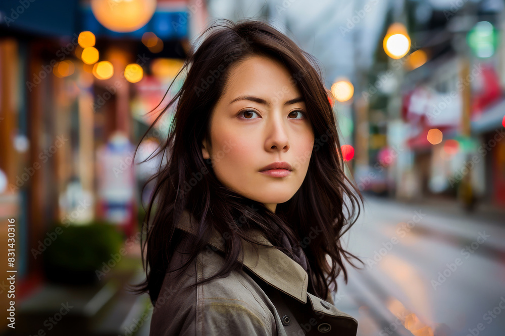 Portrait of a serious woman standing on an urban street during the evening. The city lights create a moody atmosphere. Portrait of a serious woman standing on an urban street during the evening. The city lights create a moody atmosphere.