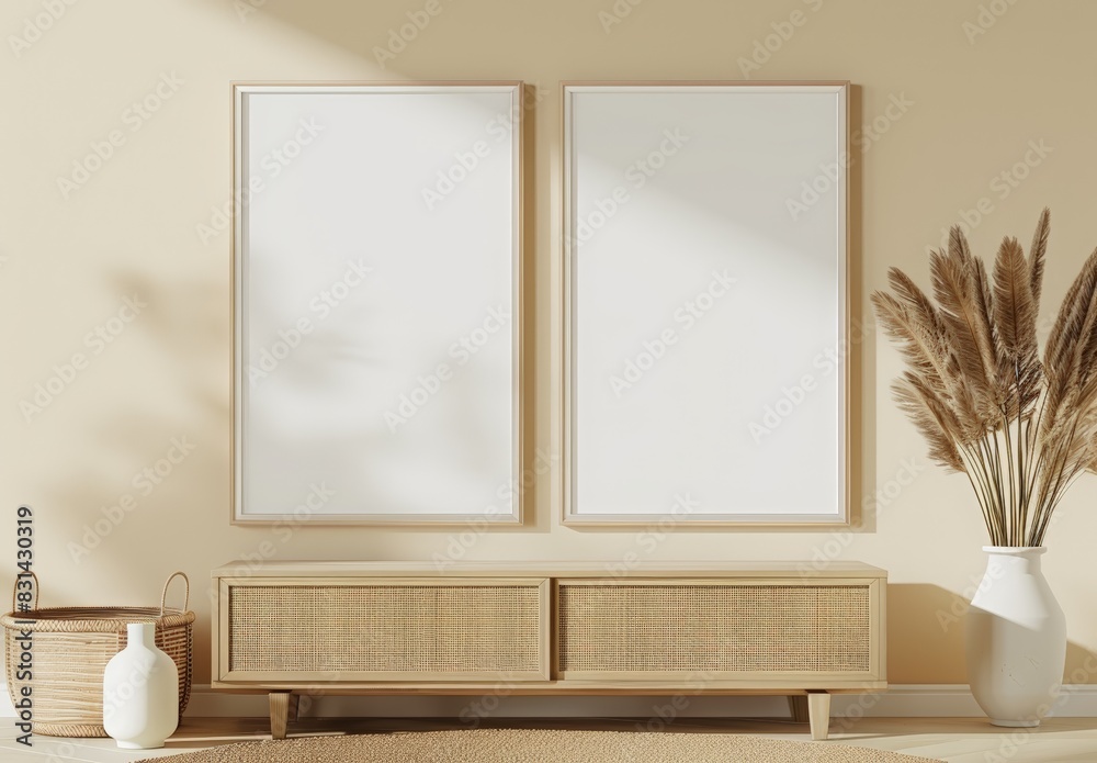 2 pieces mockup of two blank wooden frames hanging on the wall, sideboard with vase and basket in a light beige colored background with natural lighting. Scandinavian interior with a minimalistic 2 pieces mockup of two blank wooden frames hanging on the wall, sideboard with vase and basket in a light beige colored background with natural lighting. Scandinavian interior with a minimalistic