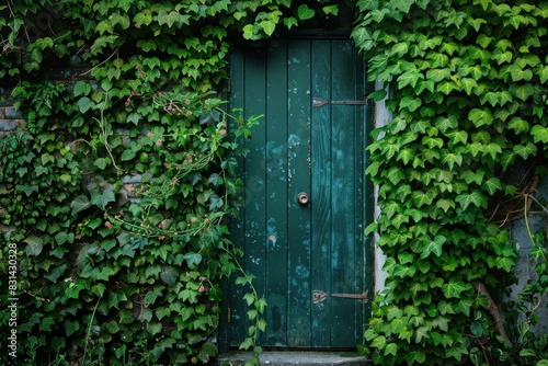 Weathered teal door amidst lush ivy, conveying mystery and the beauty of nature's embrace