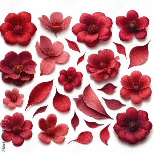 Set of red flowers and petals isolated on a white background