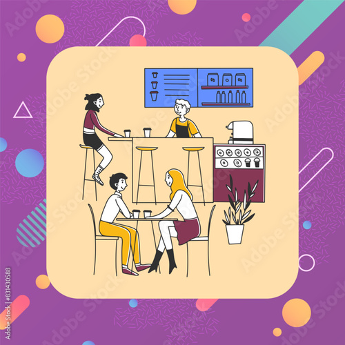 Customers drinking coffee and meeting in cafe. Coffee shop, barista job flat vector illustration. Morning, free Wi-Fi, communication concept for banner, website design or landing web page