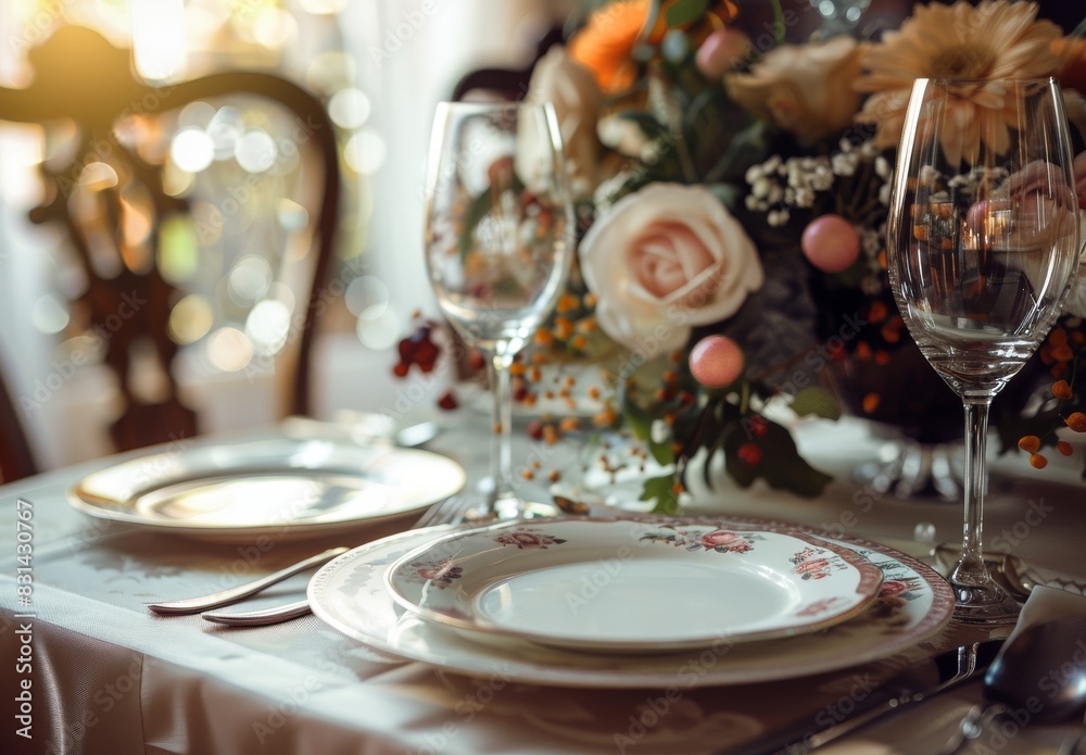 An elegant, luxurious fine dining table set with silverware, wine glasses, and flowers for special occasions like a date, family toast, wedding, anniversary, Thanksgiving, or Christmas dinner. An elegant, luxurious fine dining table set with silverware, wine glasses, and flowers for special occasions like a date, family toast, wedding, anniversary, Thanksgiving, or Christmas dinner.